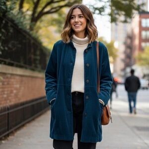 Retro Coat J. JILL Jacket Corduroy Teal Blue Green Cotton Velvet Size Small